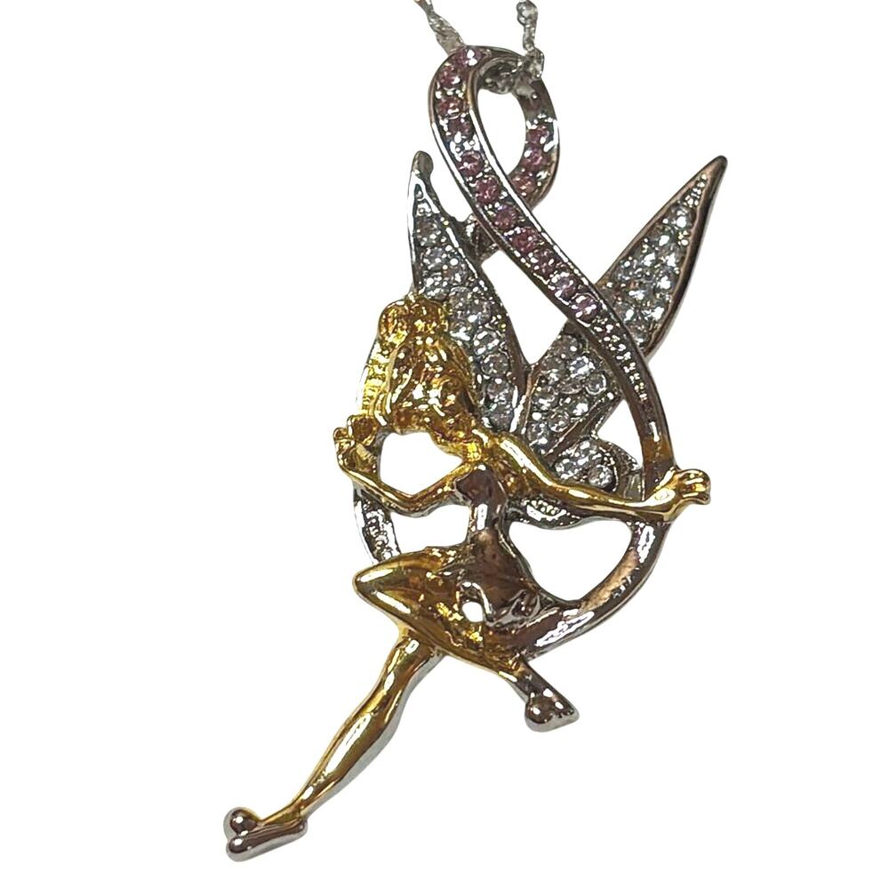 Disney Tinkerbell Necklace Rhinestone Pendant 20” Chain Pink Clear Fairy